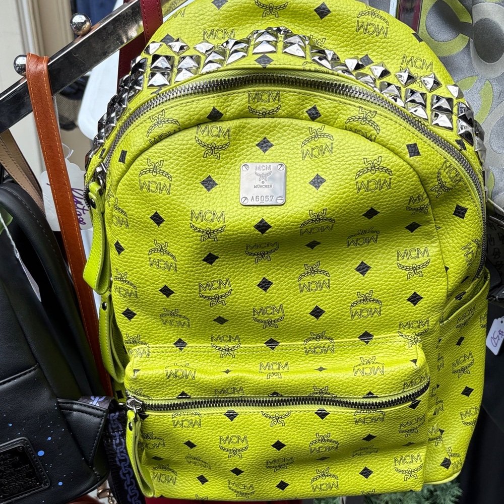 MCM Lime Green Backpack with Studded Accents